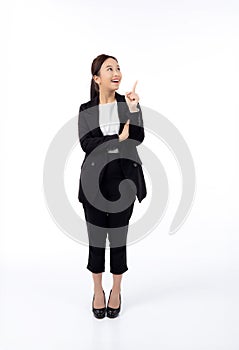 portrait young asian business woman pointing and presenting isolated on white background.