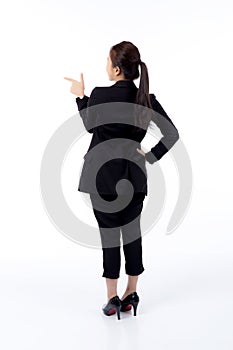 portrait young asian business woman pointing and presenting isolated white background.