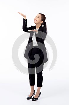 Portrait young asian business woman presenting with surprise and excited isolated white background.