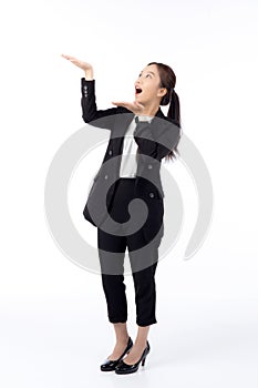 Portrait young asian business woman presenting with surprise and excited isolated white background.