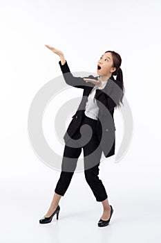 Portrait young asian business woman presenting with surprise and excited isolated white background.