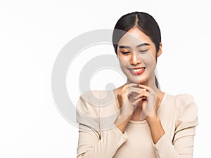 Portrait of young asian business woman smiling  isolated on white background.