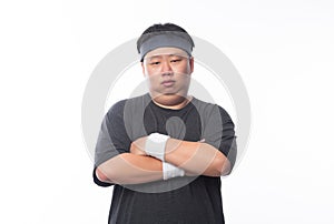 Portrait of Young Asian funny fat sport man isolated on white background.