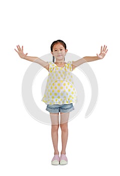 Portrait of young Asian girl kid in casual with arms open isolated on white background. Image full length with Clipping path