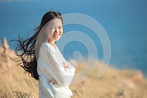 Portrait of young asian girl smiling face happiness emotion wit