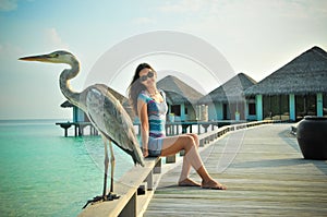 Portrait of young asian looking woman sitting behind bird at tropical beach at Maldives