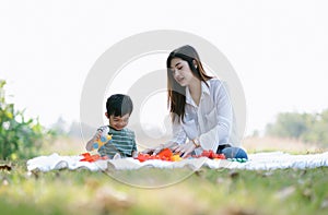 Portrait of young Asian mother and cute little son sitting on grass playing  colorful plastic blocks toy in spend sunny day in