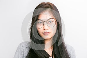 Portrait young asian nerd business woman with hipster glasses cl