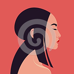 A portrait of a young Asian woman in profile. Avatar.