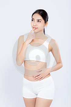 Portrait young asian woman smiling beautiful body diet with fit thinking idea isolated on white background