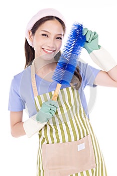 Portrait of young Asian woman wearing green rubber gloves for hands protection during cleaning isolated over white background
