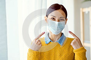 Portrait of young Asian woman,  wearing a medical surgical disposabhttpsle face mask to prevent infection