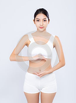 Portrait young asian woman weightloss smiling beautiful body diet with fit presenting something copy space
