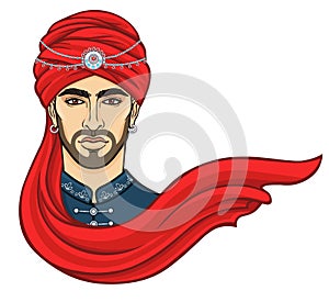 Portrait of the young attractive Arab man in a turban.