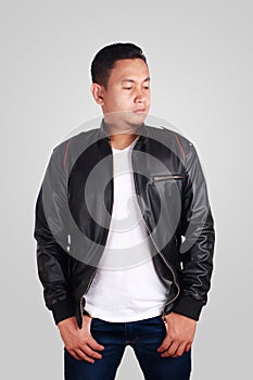 Asian Man Wearing Leather Jacket