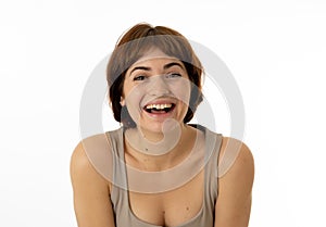 Portrait of young attractive cheerful woman with smiling happy face. Human expressions and emotions