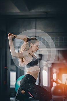 Portrait young attractive healthy woman body curve fitness doing exercises workout with ball in gym. People beauty perfect body
