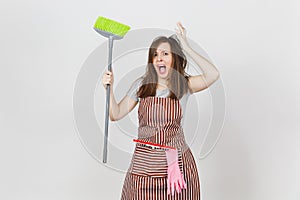 Portrait of young attractive smiling brunette caucasian housewife on white background. Beautiful housekeeper woman