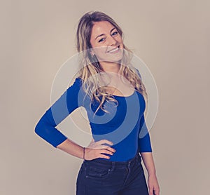 Portrait of young attractive woman with happy and smiling face. Human expressions and emotions