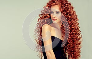 Portrait of young, attractive young model with incredible dense, long, curly red hair.Frizzy hair.