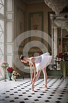 Portrait of a young ballerina on pointe shoes in a black swimsuit, tutu and pointe shoes in a luxurious interior.