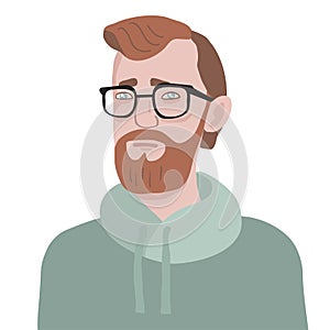 Portrait of a young bearded man wearing hoodie and glasses
