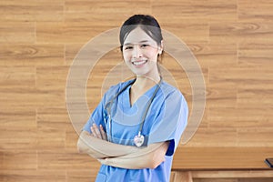 Portrait Young beautiful asian successful female doctor or nurse with stethoscope