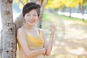 Portrait of young beautiful asian woman with short hairs style t