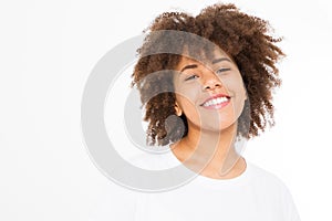 Portrait of young beautiful brunette dark-skinned woman with curly hair isolated on white background. Girl smile with perfect skin