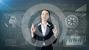 Portrait of young beautiful business woman thinking about something and looking up