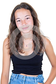 Portrait of young beautiful caucasian girl teen in black t-shirt cheerful smile looking at camera in Studio photo white background