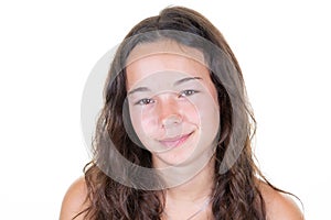 Portrait of young beautiful cute cheerful teenager girl smiling looking at camera over white background