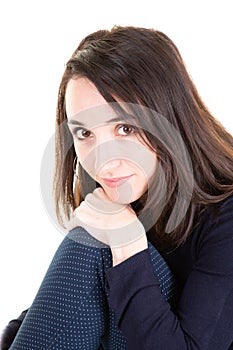 Portrait of young beautiful cute cheerful woman posing relax