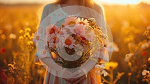 Portrait of a young beautiful girl with fresh cut flowers, in pastel colors, Joyful anticipation of spring