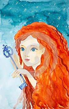 Portrait of a young beautiful girl with long red hair. The girl is holding a fabulous key.Watercolor illustrations on the