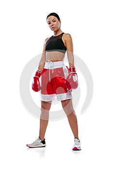 Portrait of young beautiful girl, professional boxer in boxing shorts and gloves posing isolated on white studio