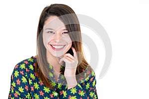 Portrait of young beautiful and happy Latin woman with big toothy smile excited and cheerful