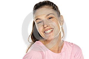 Portrait of young beautiful happy woman without makeup, and with moles