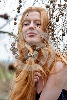 Portrait of young beautiful sexy redhead woman between pine branches and cones plays with her beautiful gorgeous hair