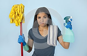 Unhappy and frustrated housekeeping woman holding mop and wash s