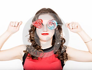 Portrait of young beautiful woman with dental braces and sugarplum glasses