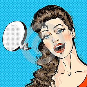 Portrait of a young beautiful Woman Face with long hair Comic with Speech Bubble, Pop Art Style