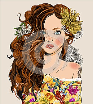 Portrait of young beautiful woman with flowers