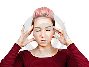 Portrait of young beautiful woman has headache, isolated on white background