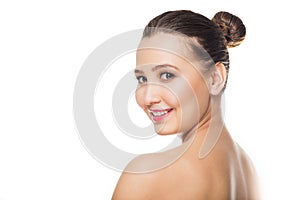 Portrait of young beautiful woman with healthy skin on white isolated background. Skin care, youth, make up