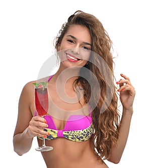 Portrait of young beautiful woman holding drinking red strawberr