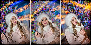 Portrait of young beautiful woman with long fair hair outdoor in cold winter evening. Beautiful blonde girl in winter clothes