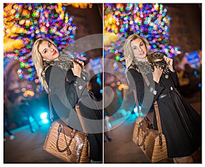 Portrait of young beautiful woman with long fair hair outdoor in cold winter evening. Beautiful blonde girl in winter clothes