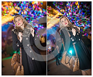 Portrait of young beautiful woman with long fair hair outdoor in cold winter evening. Beautiful blonde girl in winter clothes