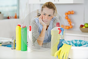 portrait young beautiful woman tired cleaning up